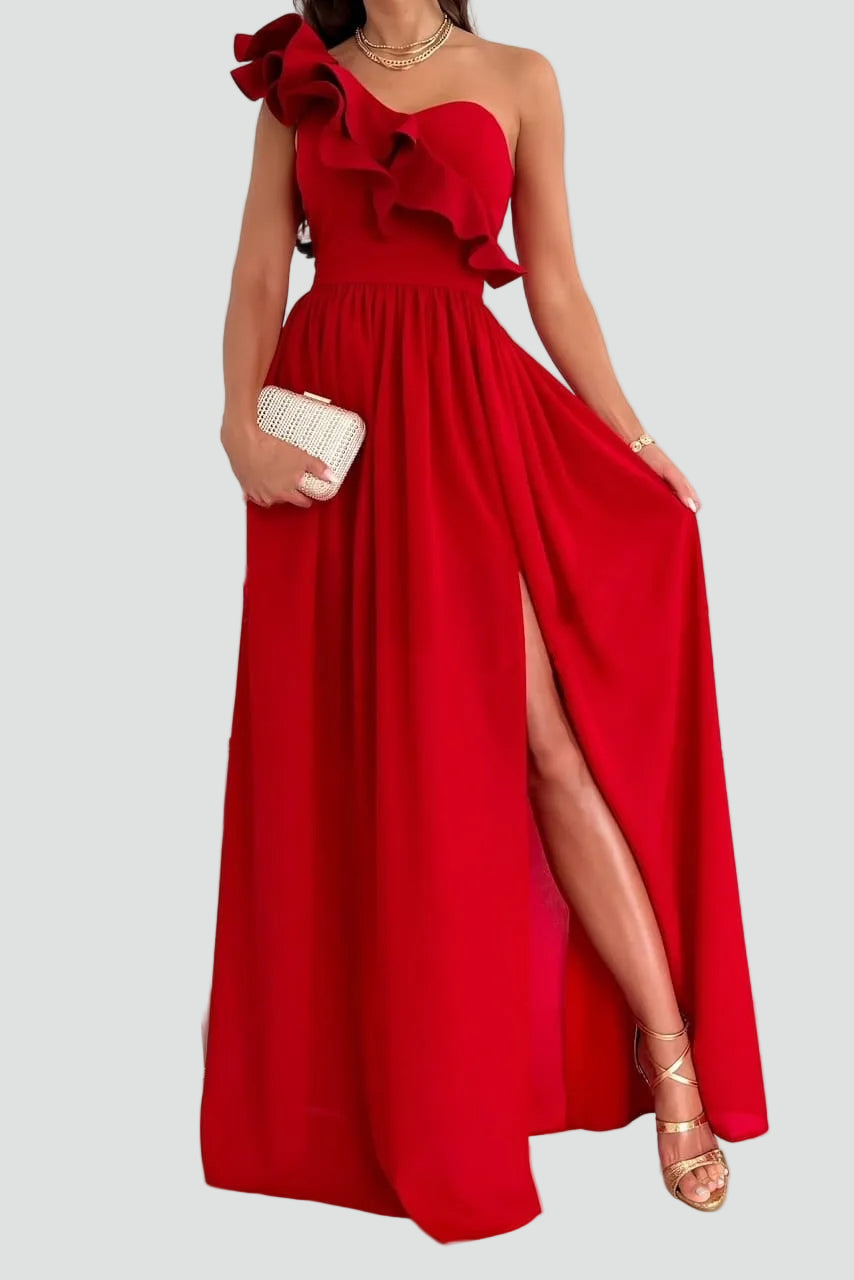 Women's Maxi Dress with Slit and Ruffle Detail