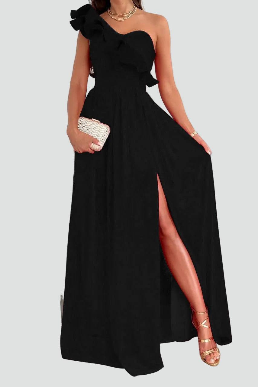 Women's Maxi Dress with Slit and Ruffle Detail