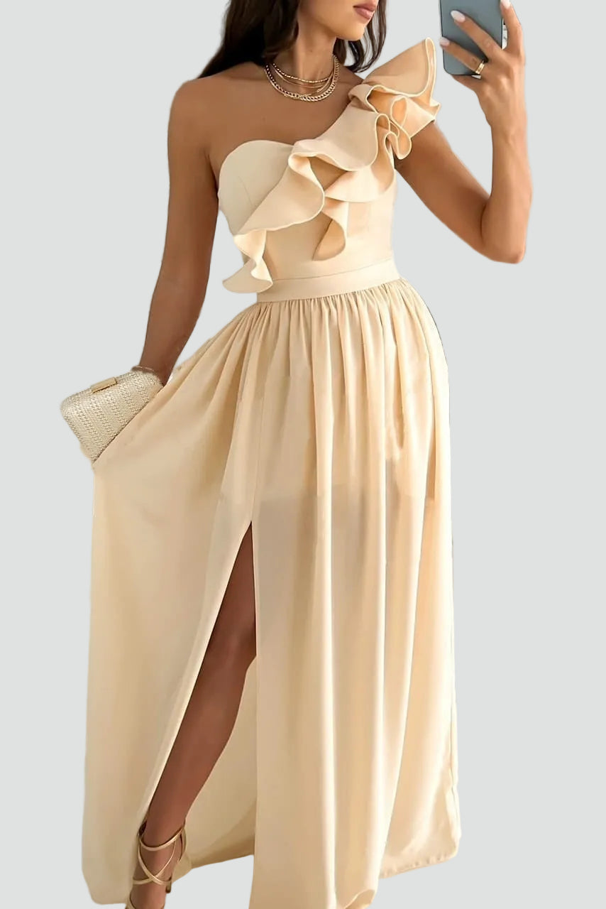 Women's Maxi Dress with Slit and Ruffle Detail