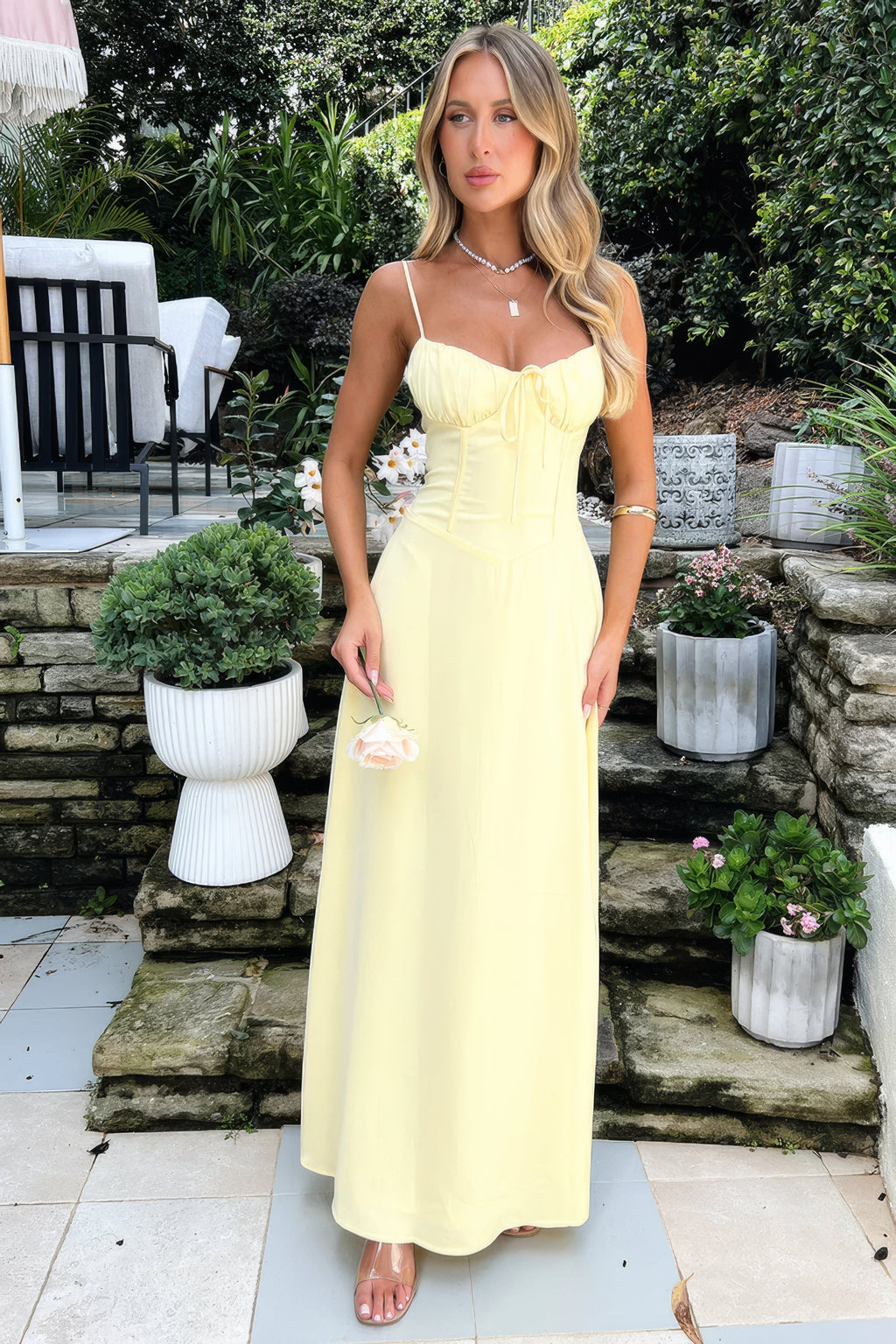 Women's Maxi Dress with Sweetheart Neckline and Bow Detail