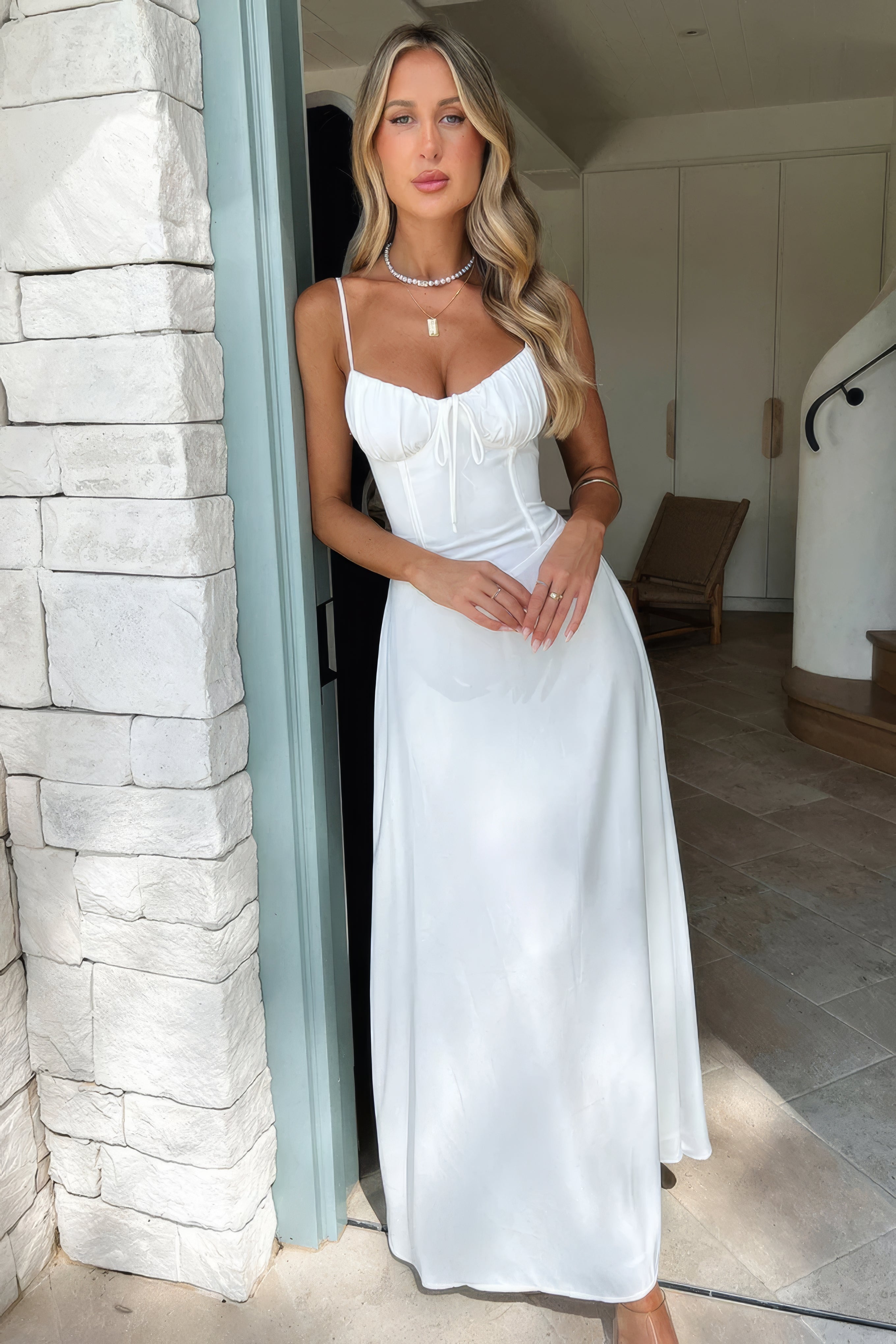 Women's Maxi Dress with Sweetheart Neckline and Bow Detail