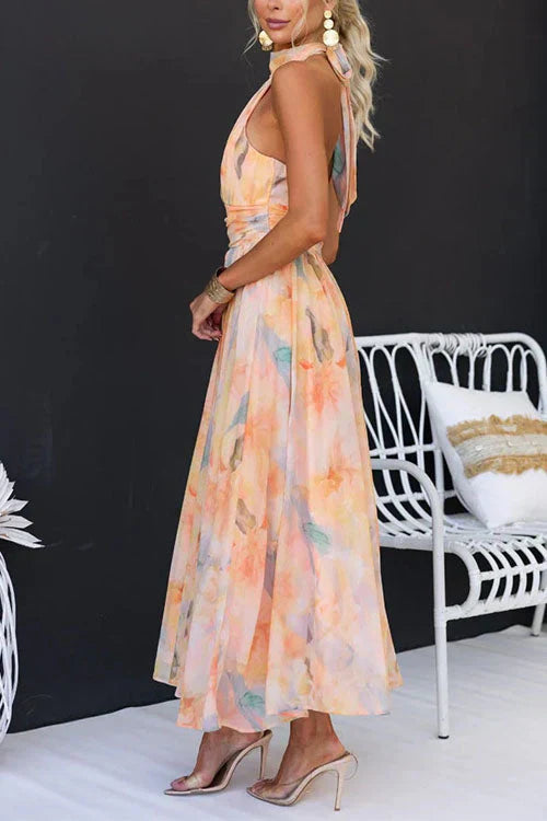 Women's Maxi Dress with Tie Neck and Open Back