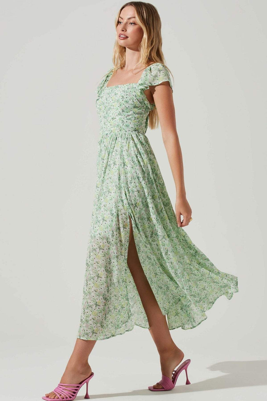Women's Midi Dress with Pleated Top and Slit