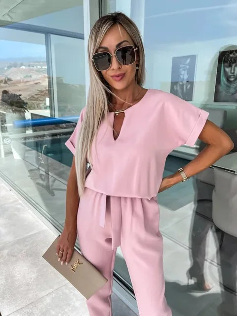 Women's Midi Two Piece Set with Short Sleeves
