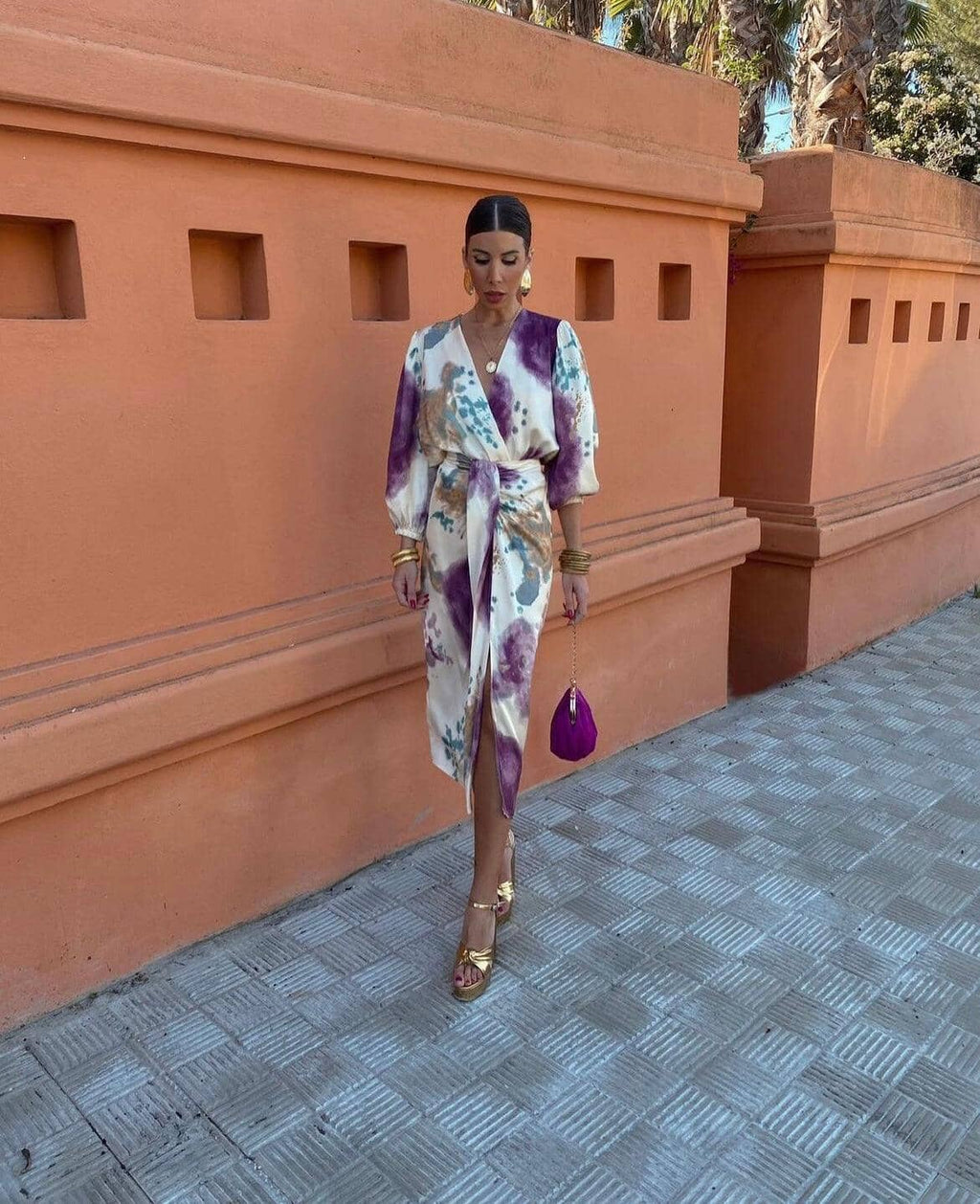 Women's Midi Wrap Dress with 3/4 Sleeves