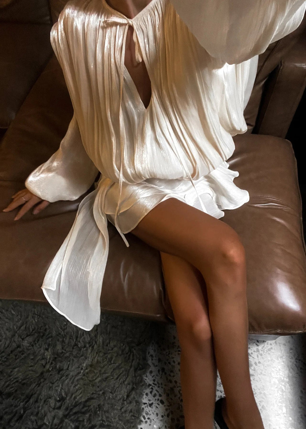 Women's Mini Dress with Pleats and Pearl Buttons