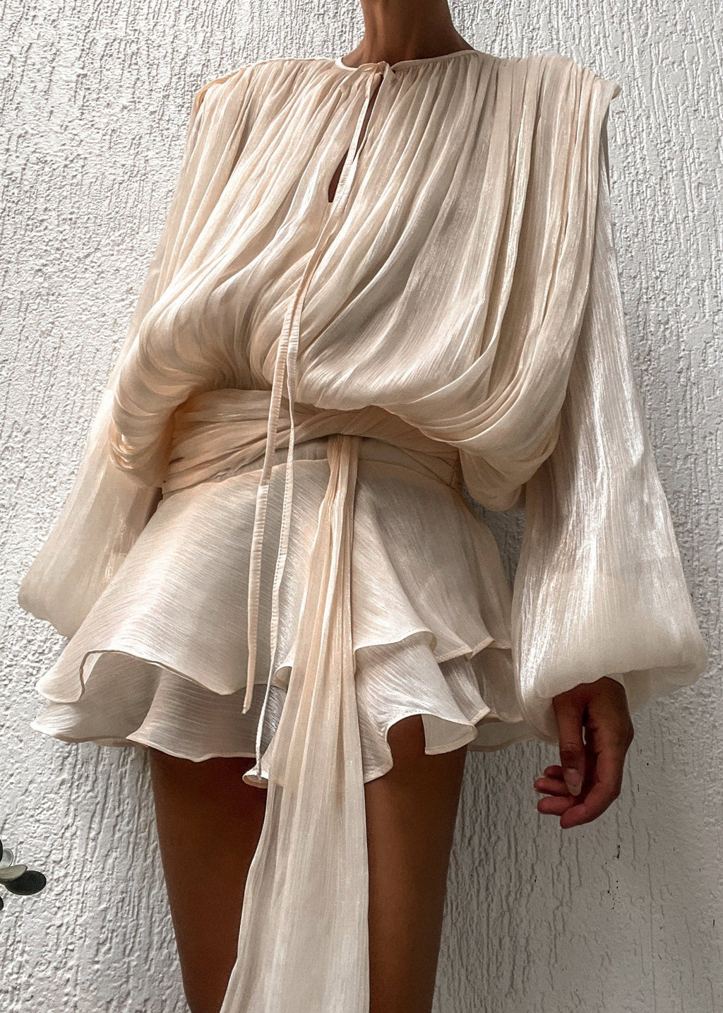 Women's Mini Dress with Pleats and Pearl Buttons