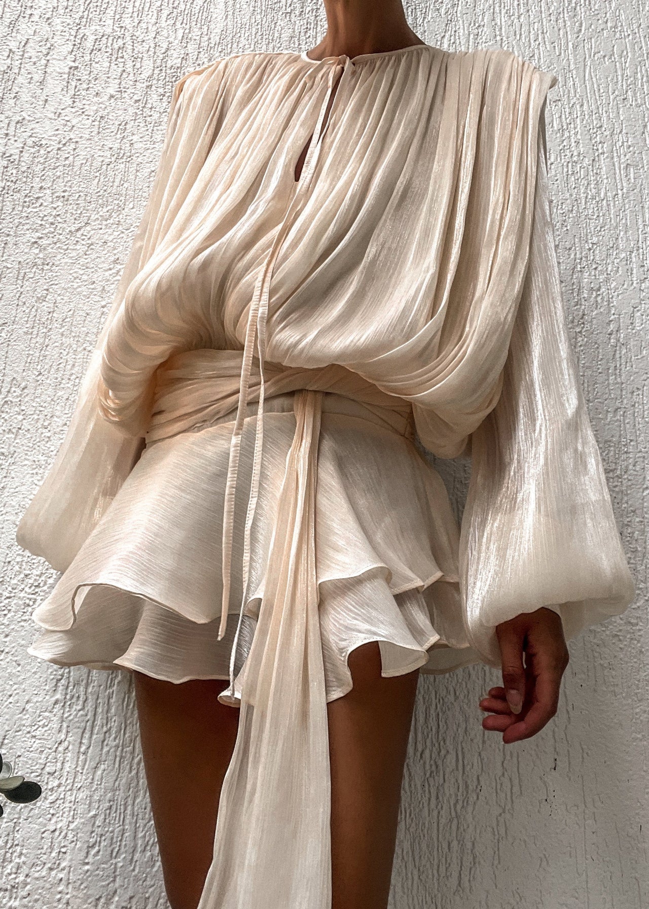 Women's Mini Dress with Pleats and Pearl Buttons