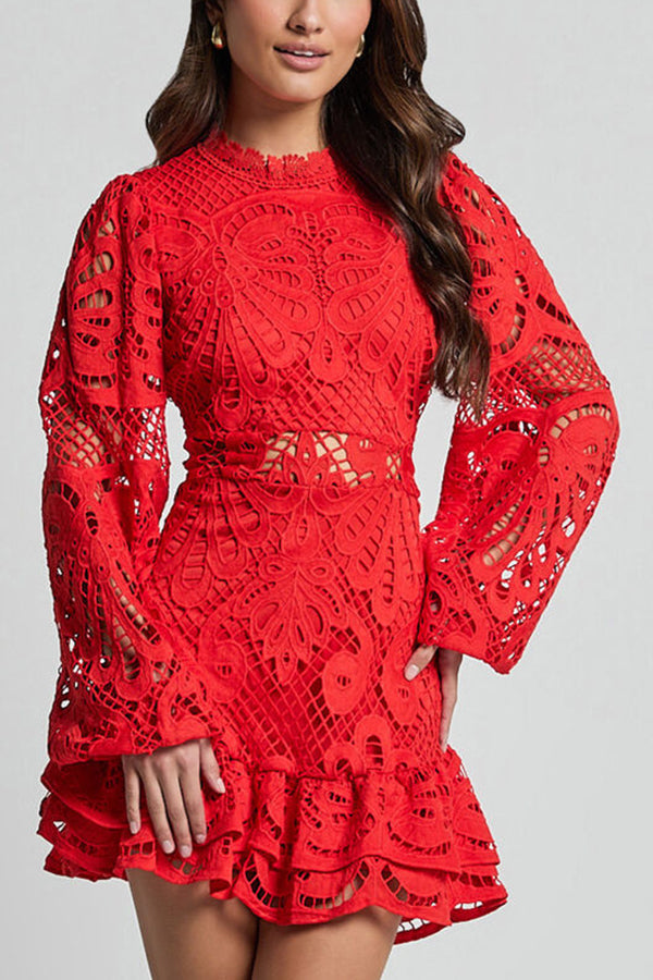 Women's Mini Dress with Puff Sleeves and Lace Cutouts