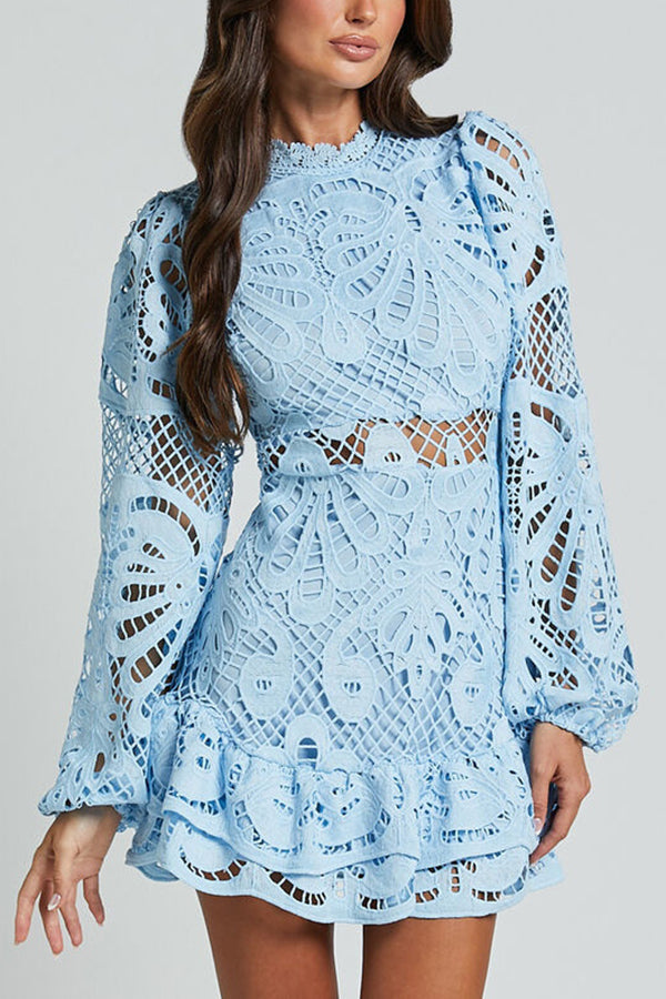 Women's Mini Dress with Puff Sleeves and Lace Cutouts