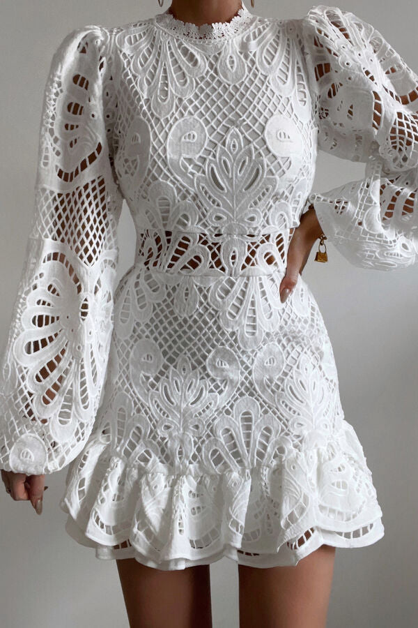 Women's Mini Dress with Puff Sleeves and Lace Cutouts
