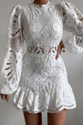 Women's Mini Dress with Puff Sleeves and Lace Cutouts