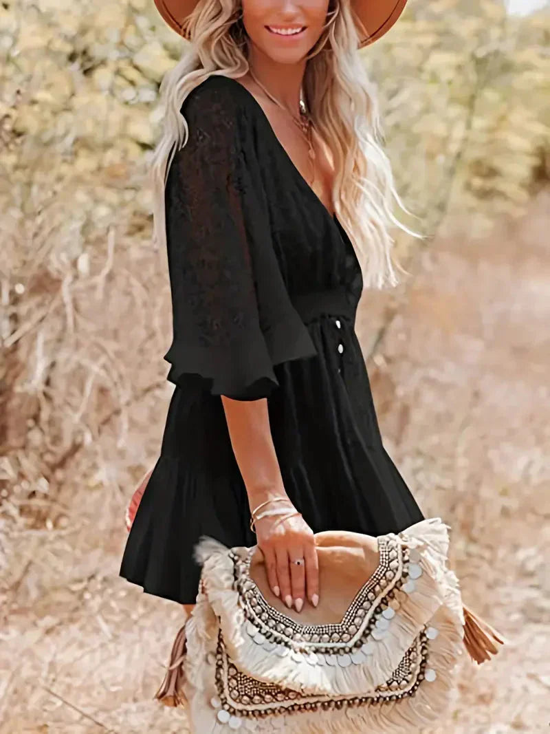 Women's Mini Dress with V-Neck and Lace Sleeves