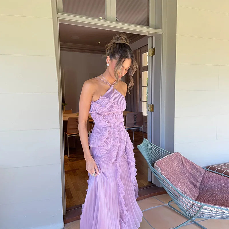 Women's Pleated Halter Neck Maxi Dress