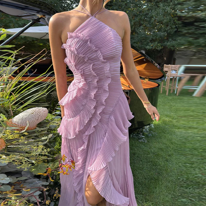 Women's Pleated Halter Neck Maxi Dress