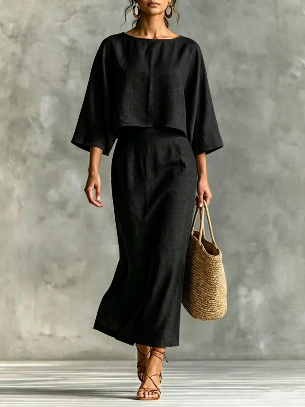 Women's Plus Size High-Waisted Midi Skirt and Top Set