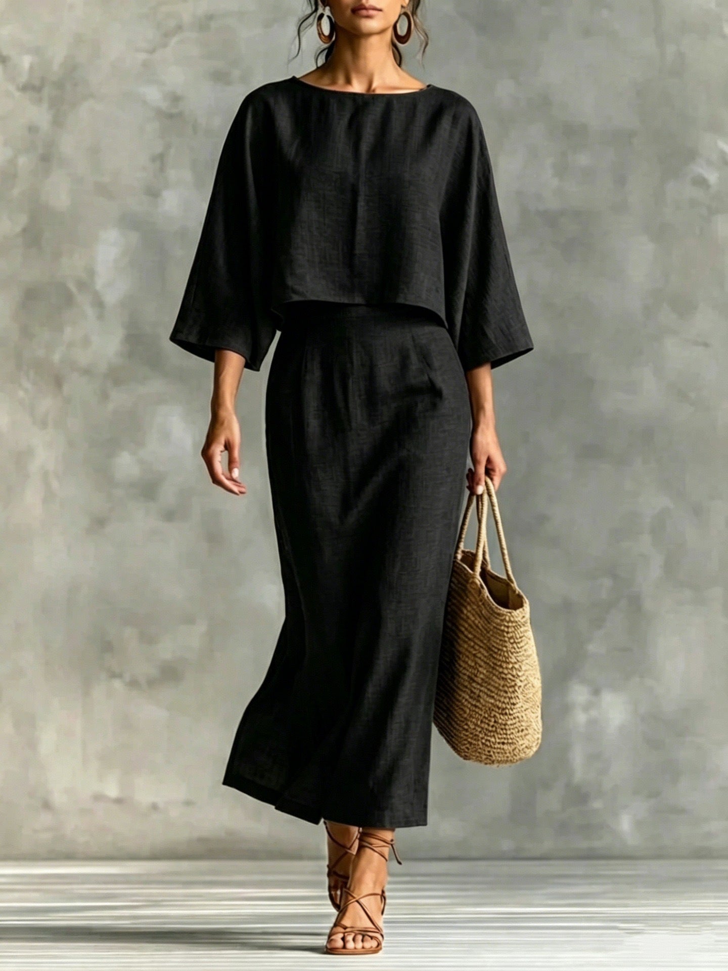 Women's Plus Size High-Waisted Midi Skirt and Top Set
