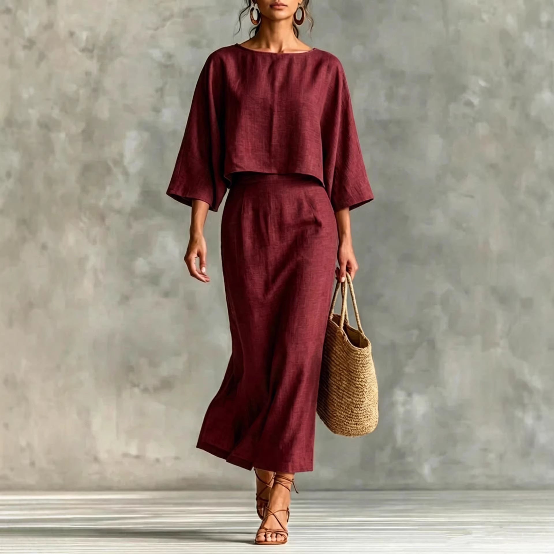 Women's Plus Size High-Waisted Midi Skirt and Top Set