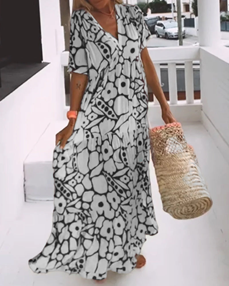 Women's Printed Loose V-Neck Summer Dress