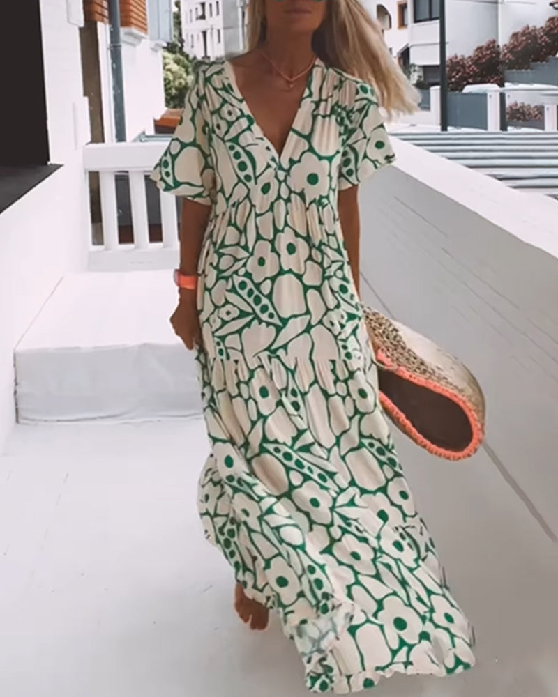 Women's Printed Loose V-Neck Summer Dress