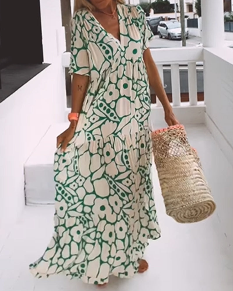 Women's Printed Loose V-Neck Summer Dress