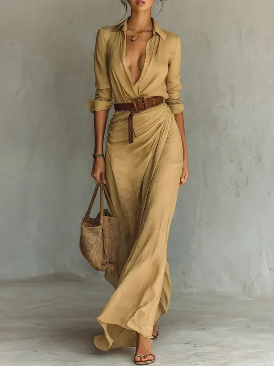 Women's Ruched Maxi Shirt Dress with Belted Waist