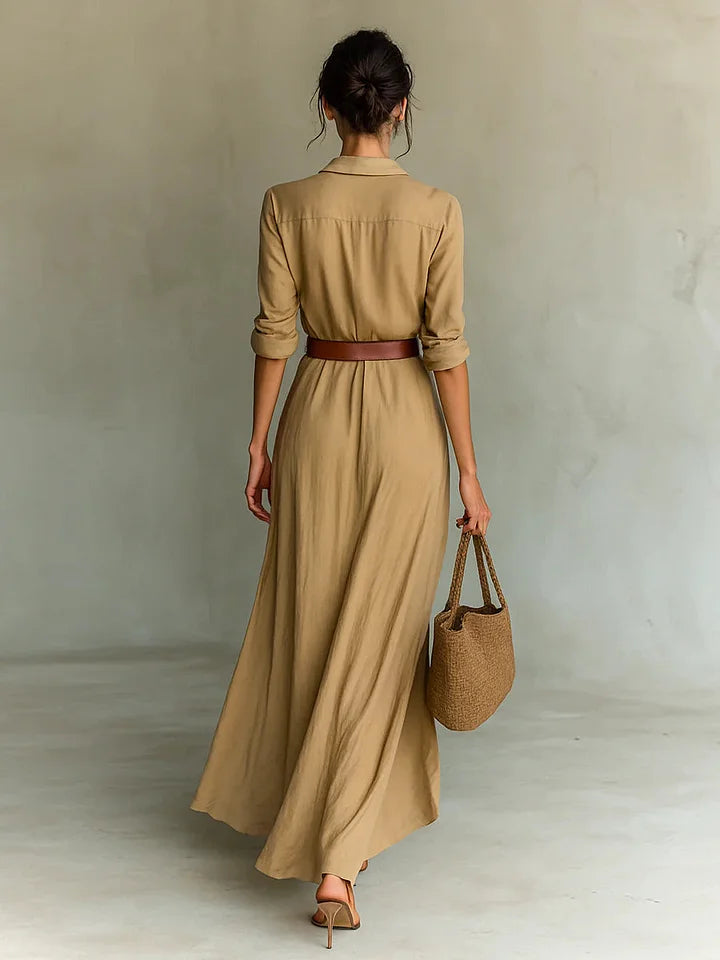 Women's Ruched Maxi Shirt Dress with Belted Waist