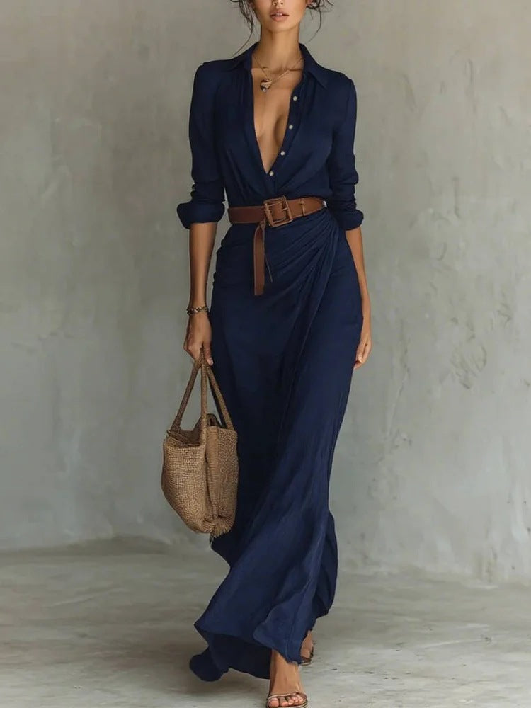 Women's Ruched Maxi Shirt Dress with Belted Waist