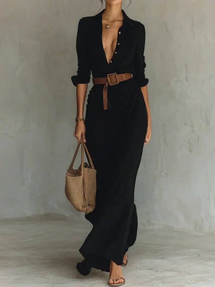 Women's Ruched Maxi Shirt Dress with Belted Waist