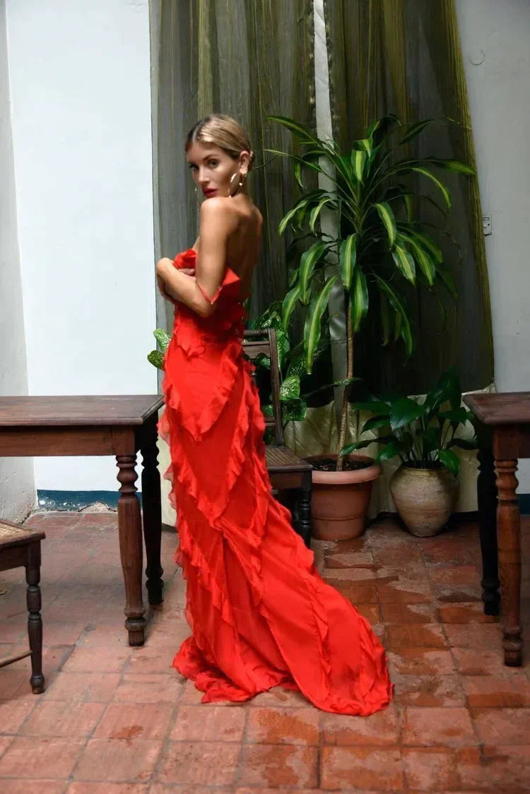 Women's Ruffle Maxi Dress with Spaghetti Straps