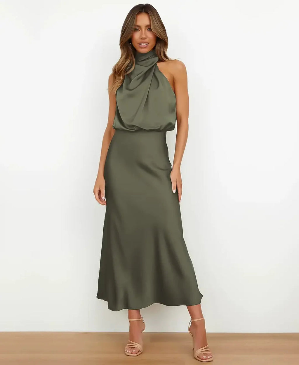 Women's Satin Halter Midi Cocktail Dress