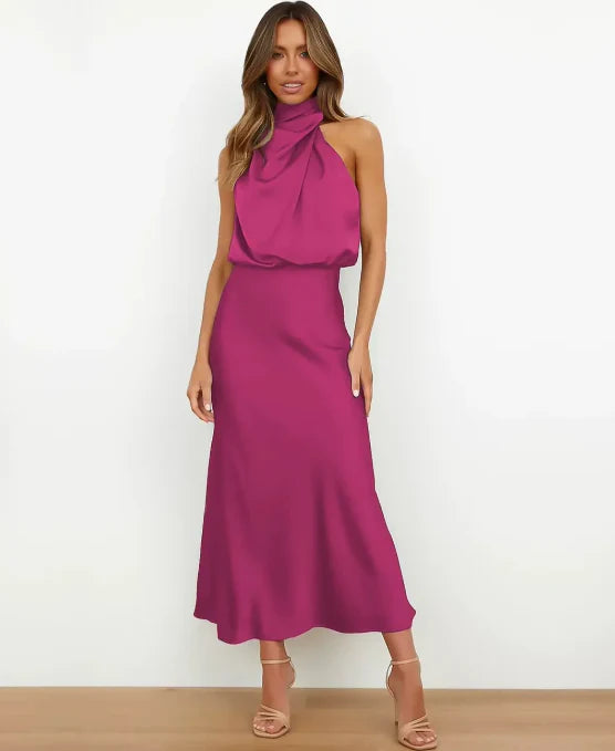 Women's Satin Halter Midi Cocktail Dress