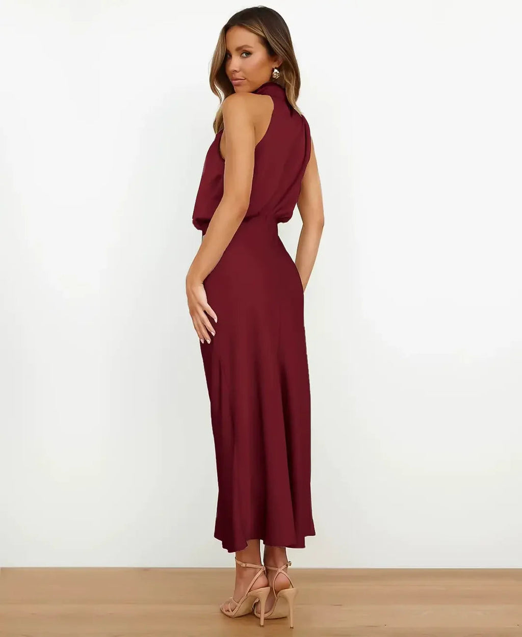 Women's Satin Halter Midi Cocktail Dress