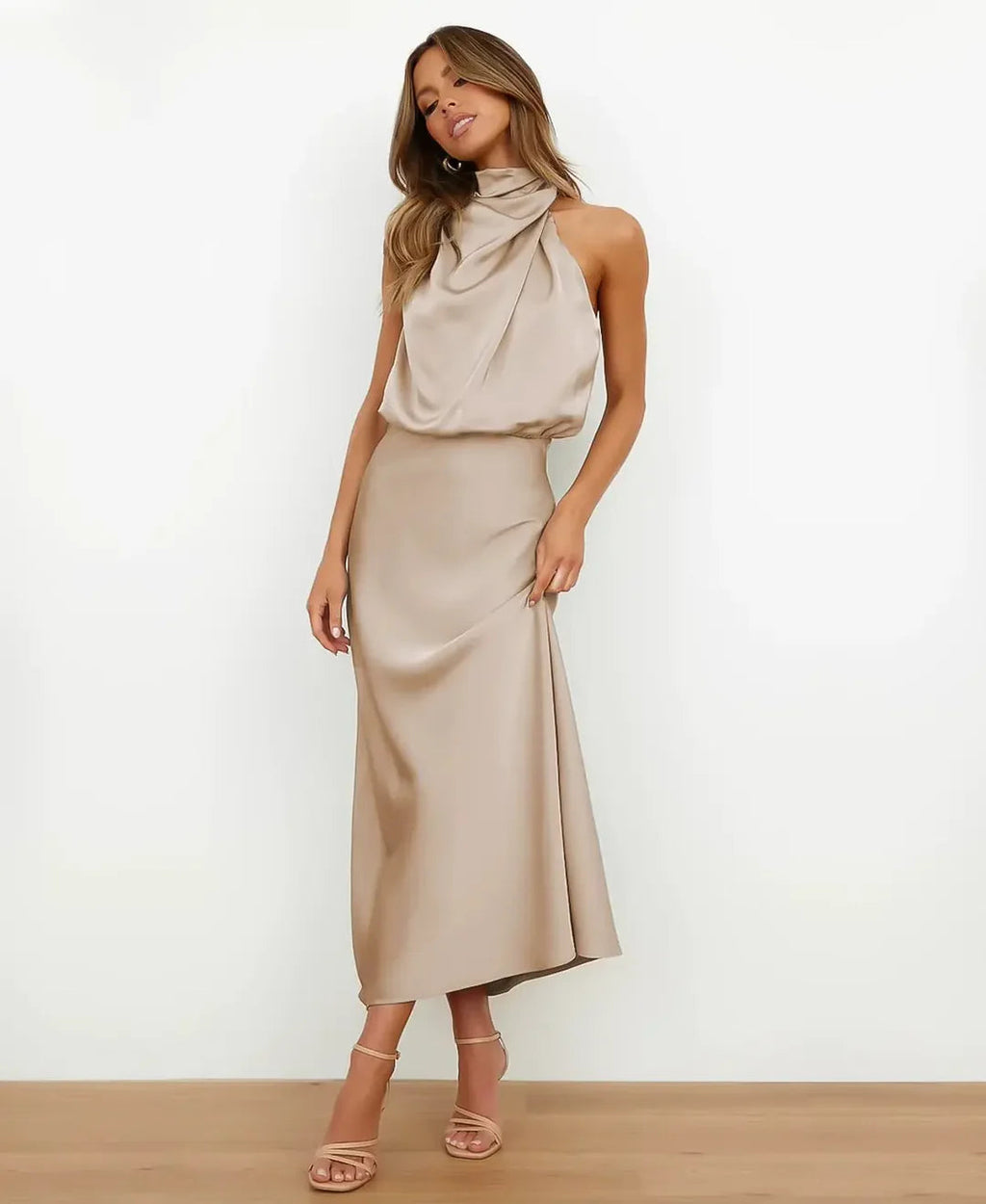 Women's Satin Halter Midi Cocktail Dress