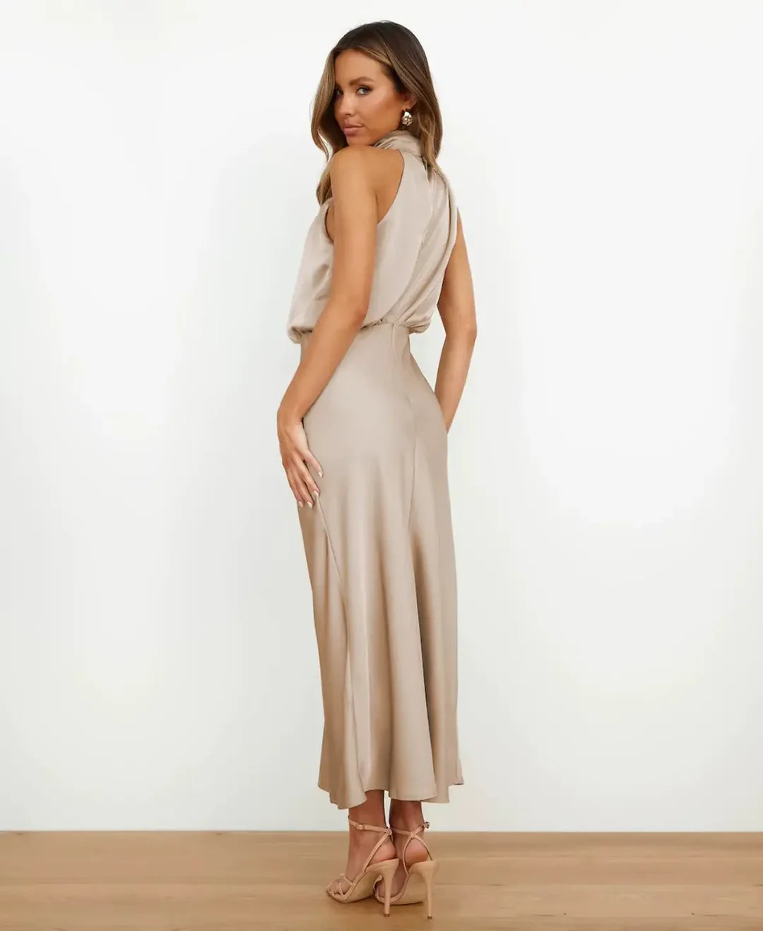Women's Satin Halter Midi Cocktail Dress