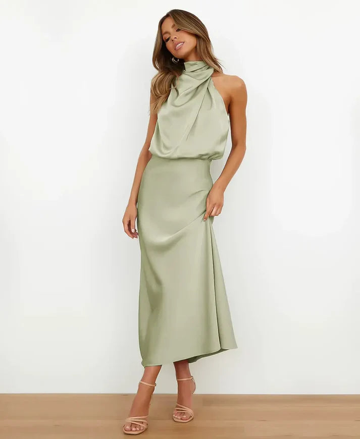 Women's Satin Halter Midi Cocktail Dress