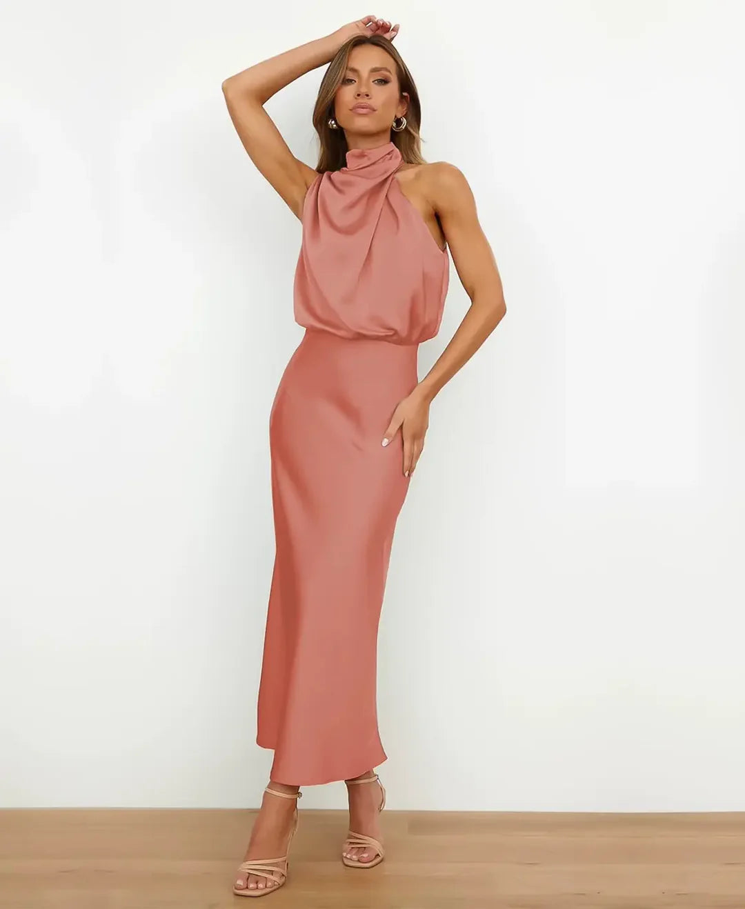 Women's Satin Halter Midi Cocktail Dress