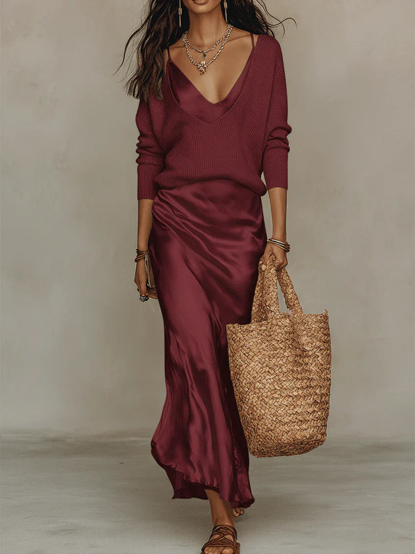 Women's Satin Midi Dress Set with Knit Sweater