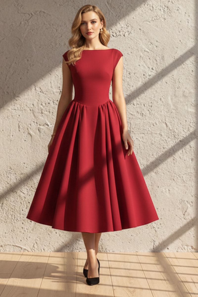 Women's Sleeveless Boat Neck Midi Cocktail Dress