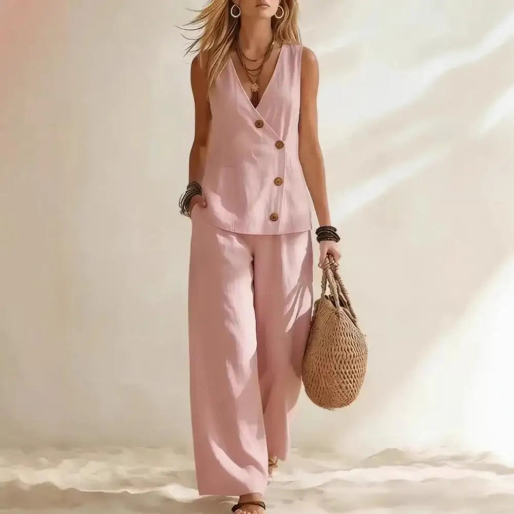 Women's Sleeveless Loungewear Set with Wide Leg Pants