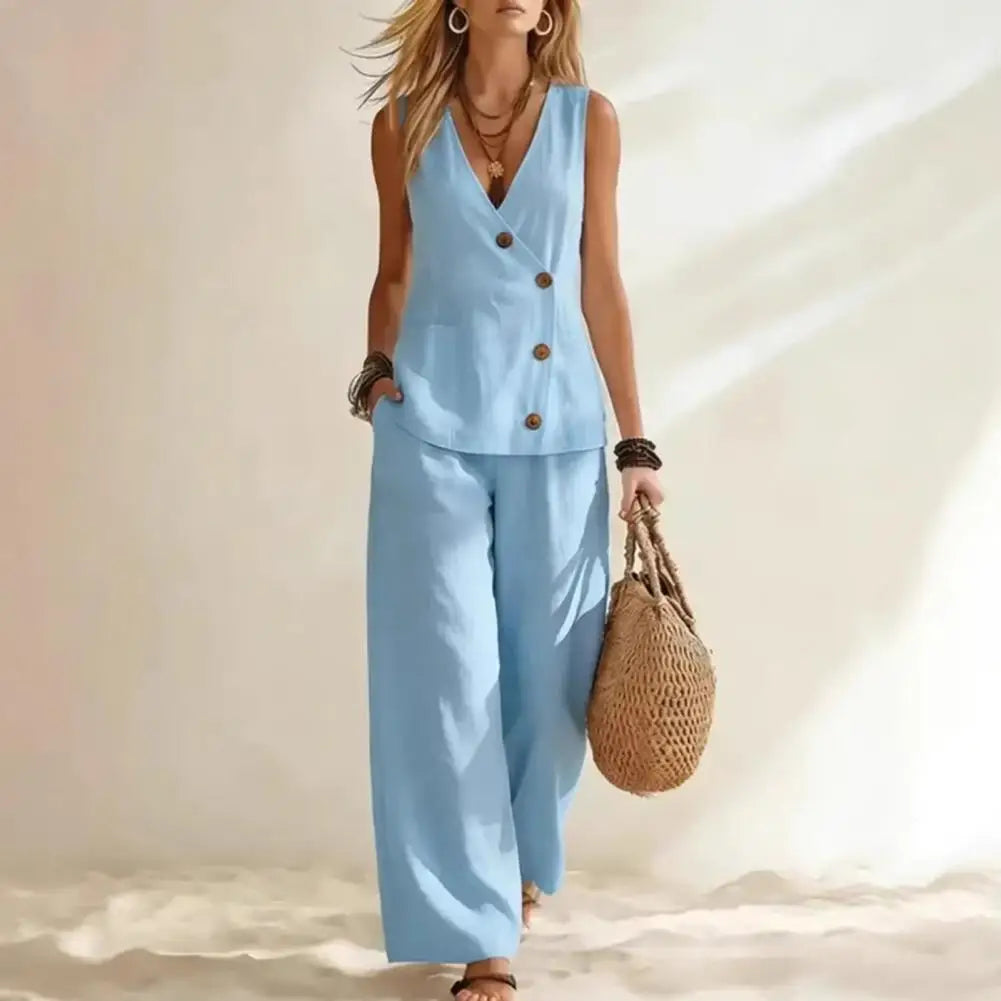 Women's Sleeveless Loungewear Set with Wide Leg Pants