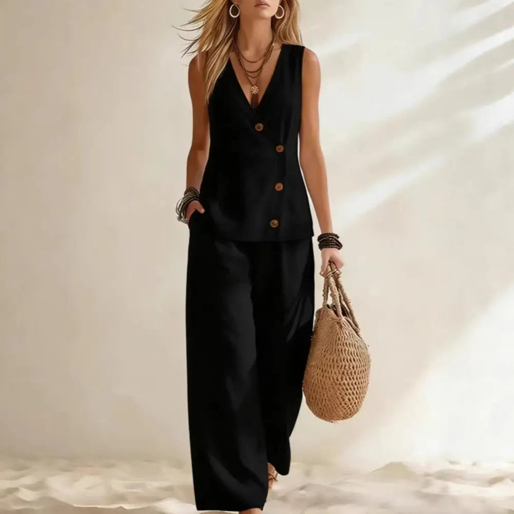 Women's Sleeveless Loungewear Set with Wide Leg Pants