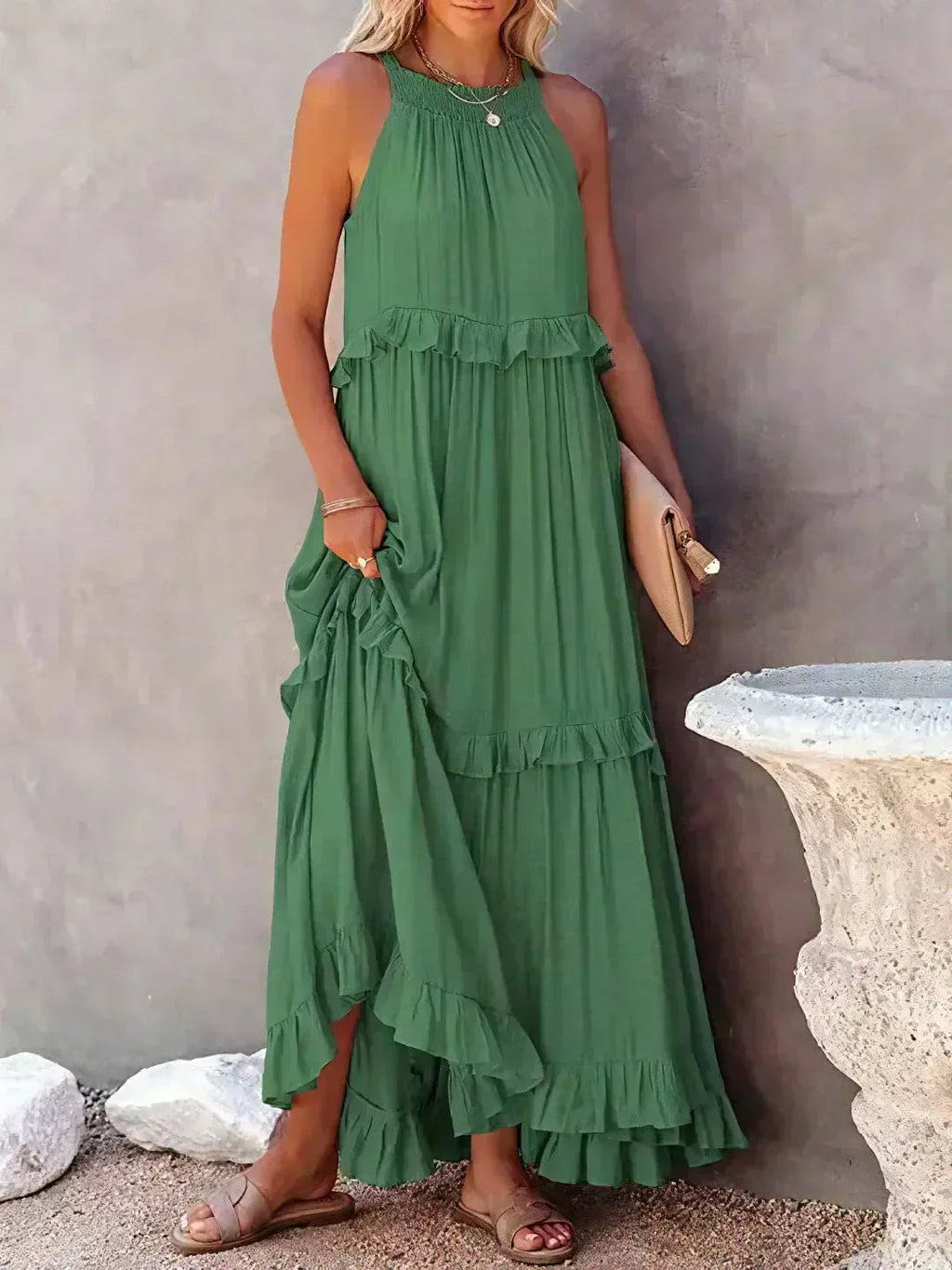 Women's Sleeveless Maxi Dress with Halter Neckline