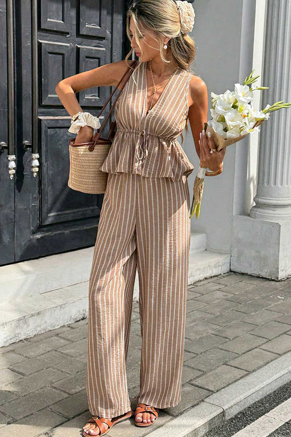 Women's Stripe Print Tie Front Loungewear Set