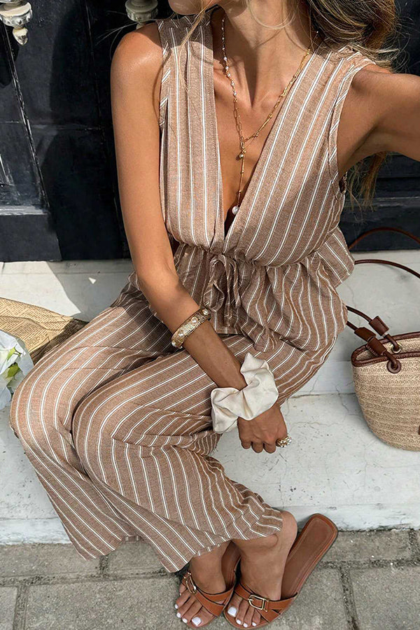Women's Stripe Print Tie Front Loungewear Set