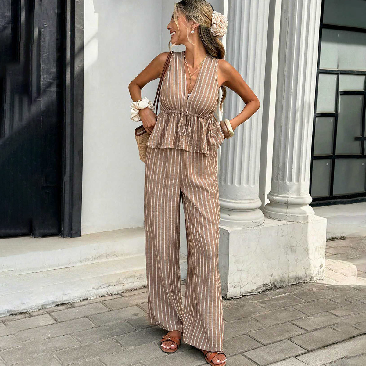 Women's Stripe Print Tie Front Loungewear Set