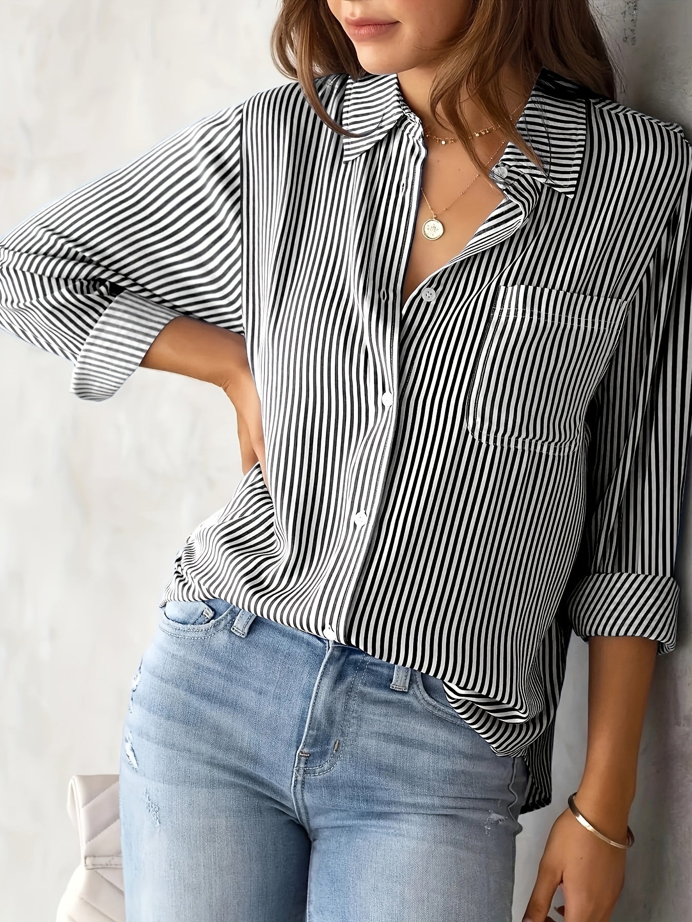 Women's Striped Buttoned Polo Blouse