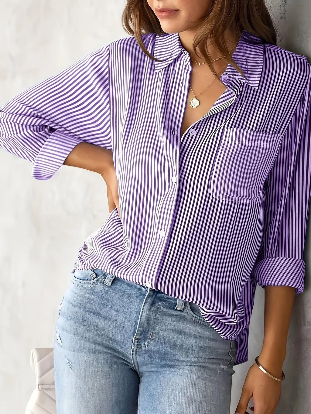 Women's Striped Buttoned Polo Blouse