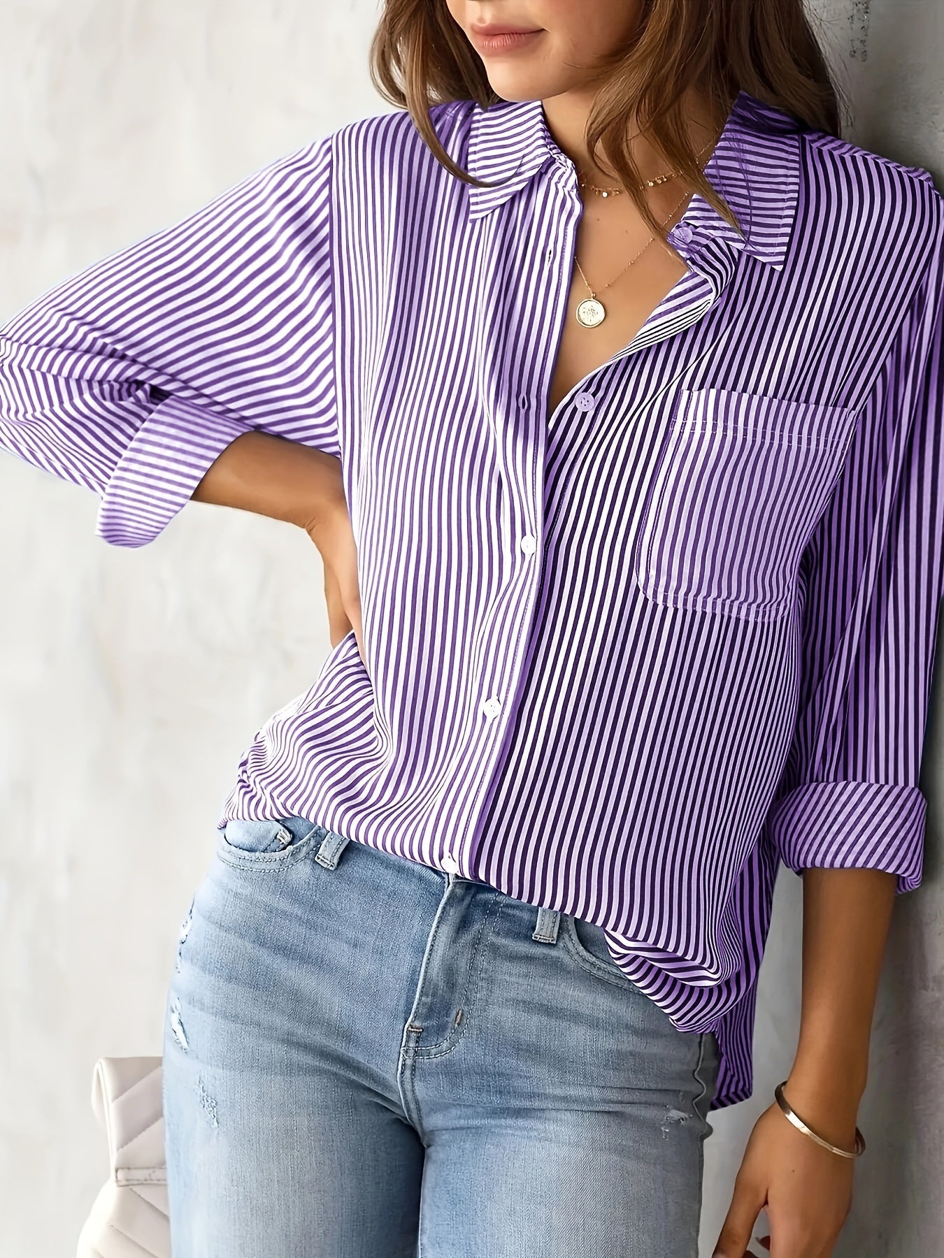 Women's Striped Buttoned Polo Blouse