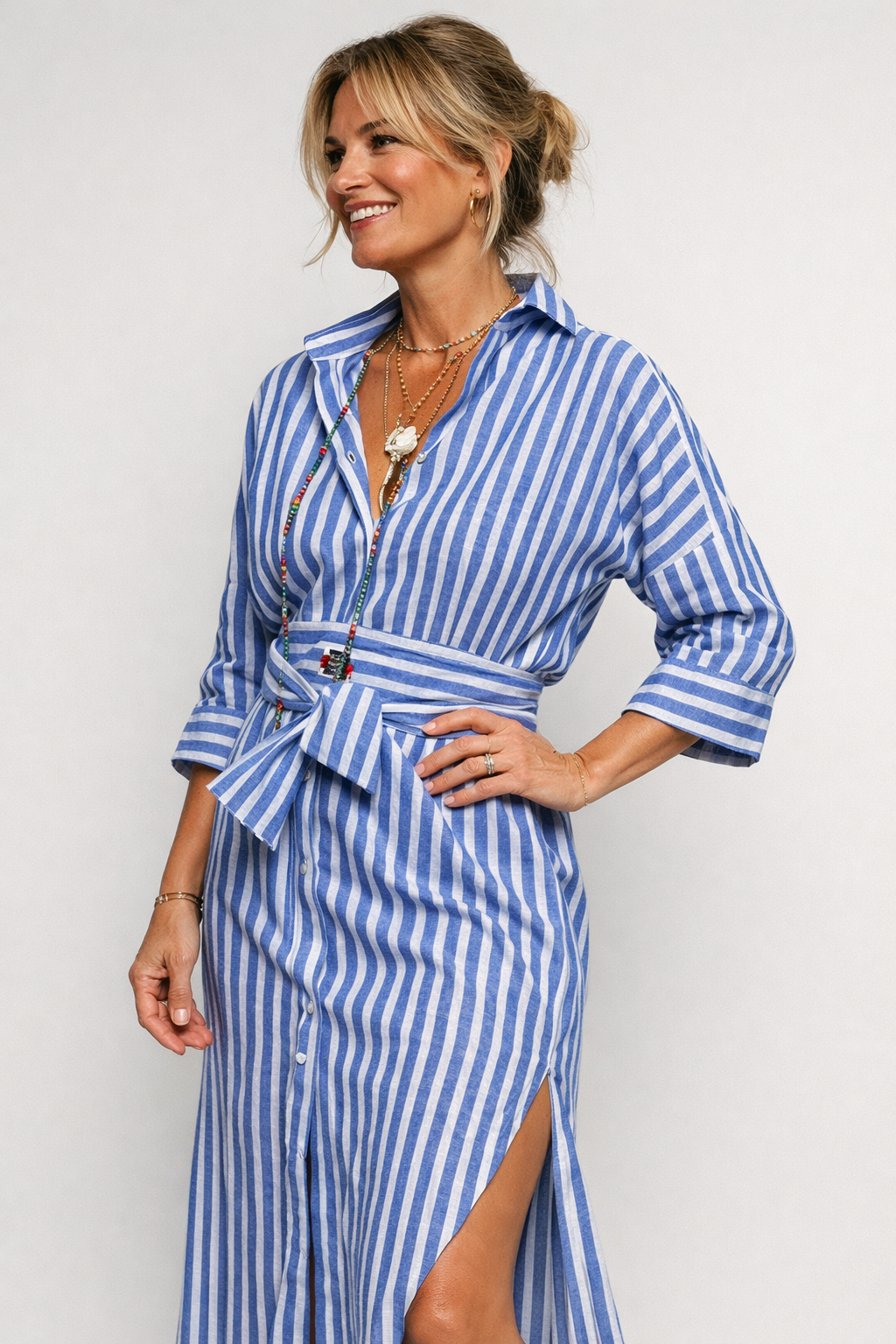 Women's Striped Maxi Dress with Bow Belt